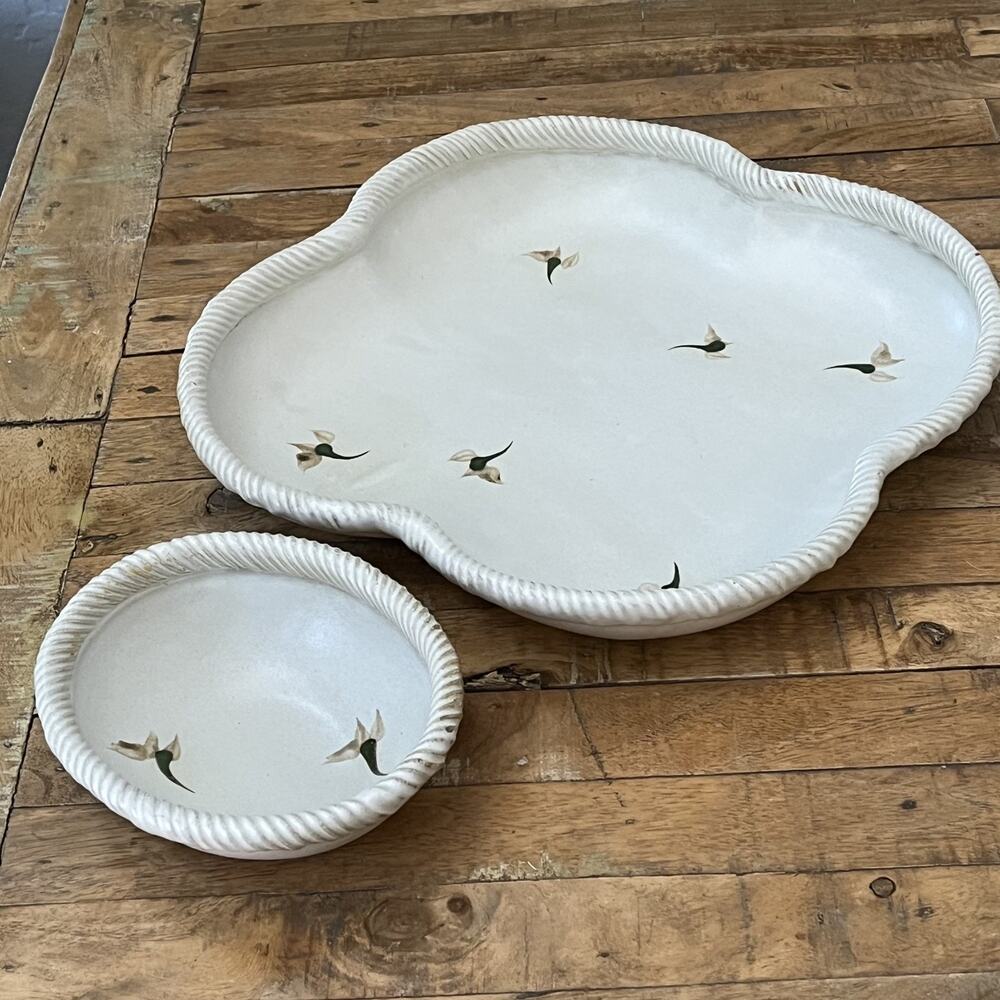 Lucy Flagella Stoneware Handmade Chip Dip Bowl Set 13" Ivory Floral Twisted Rim